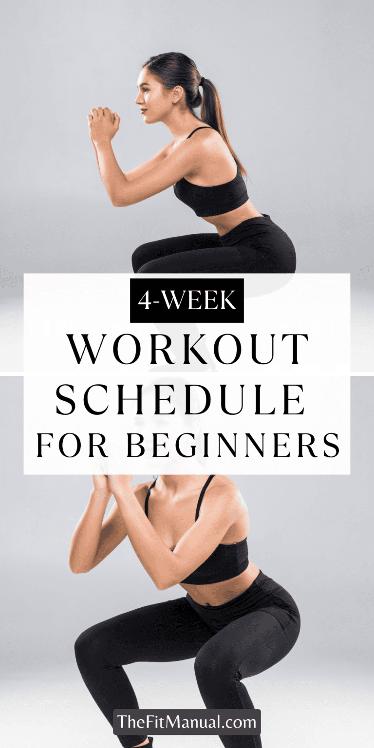 a woman in workout clothes doing squats, reading “4-Week Workout Schedule for Beginners”