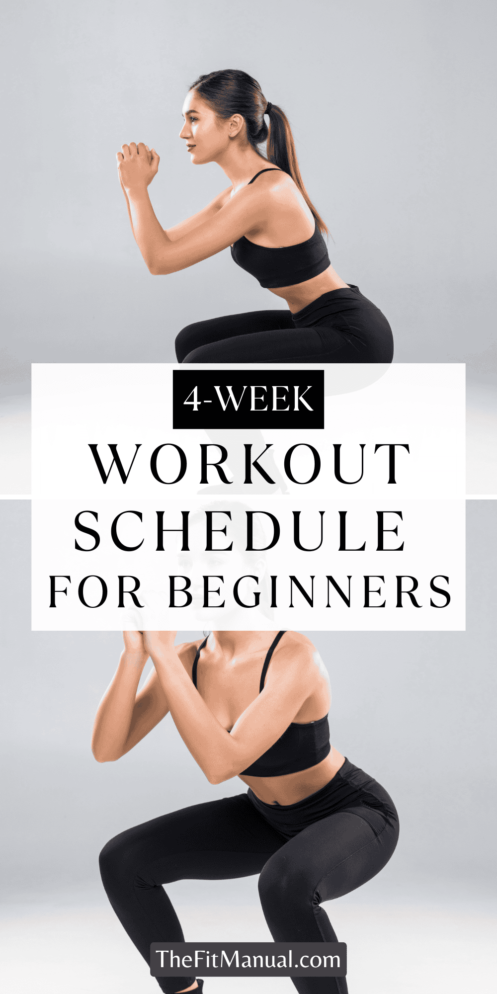 a woman in workout clothes doing squats, reading “4-Week Workout Schedule for Beginners”