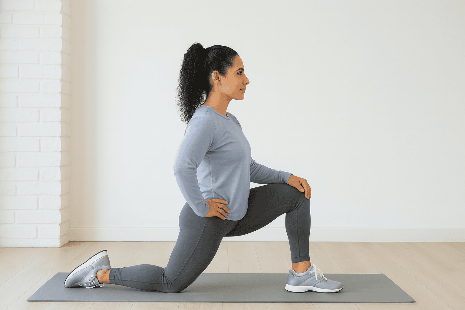 Woman performing a hip flexor stretch on a yoga mat, kneeling on one leg with the other foot flat on the floor, wearing athletic clothing.