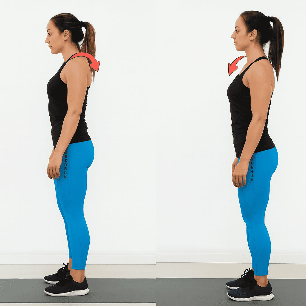 Side-by-side images of a woman demonstrating shoulder roll and reach exercises, showing shoulder movement with red arrows, wearing a black tank top and blue leggings.