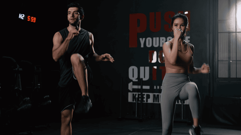 Sporty Couple Cardio Exercise Burning Fat HIIT and Squat in Fitness Gym Fit Body Healthy Lifestyle