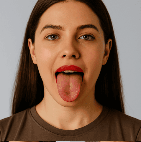 Woman sticking out her tongue straight forward, demonstrating a tongue press exercise for facial muscles.