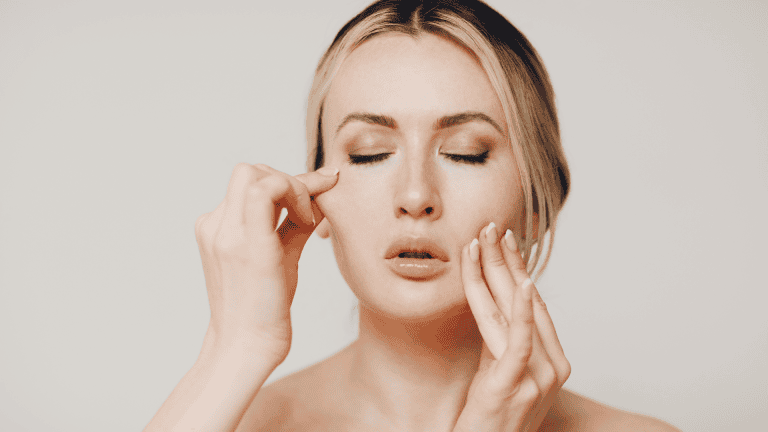 Woman Doing Facial Gymnastics Self Yoga Massage and Exercises