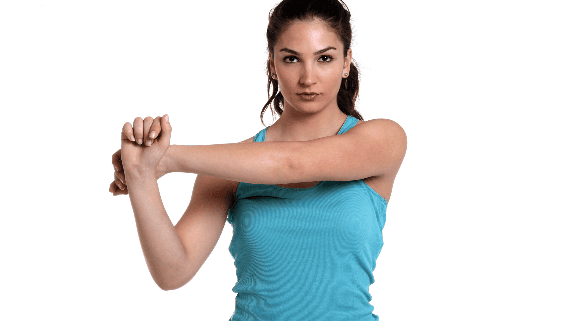 Woman doing shoulder stretch on a white background