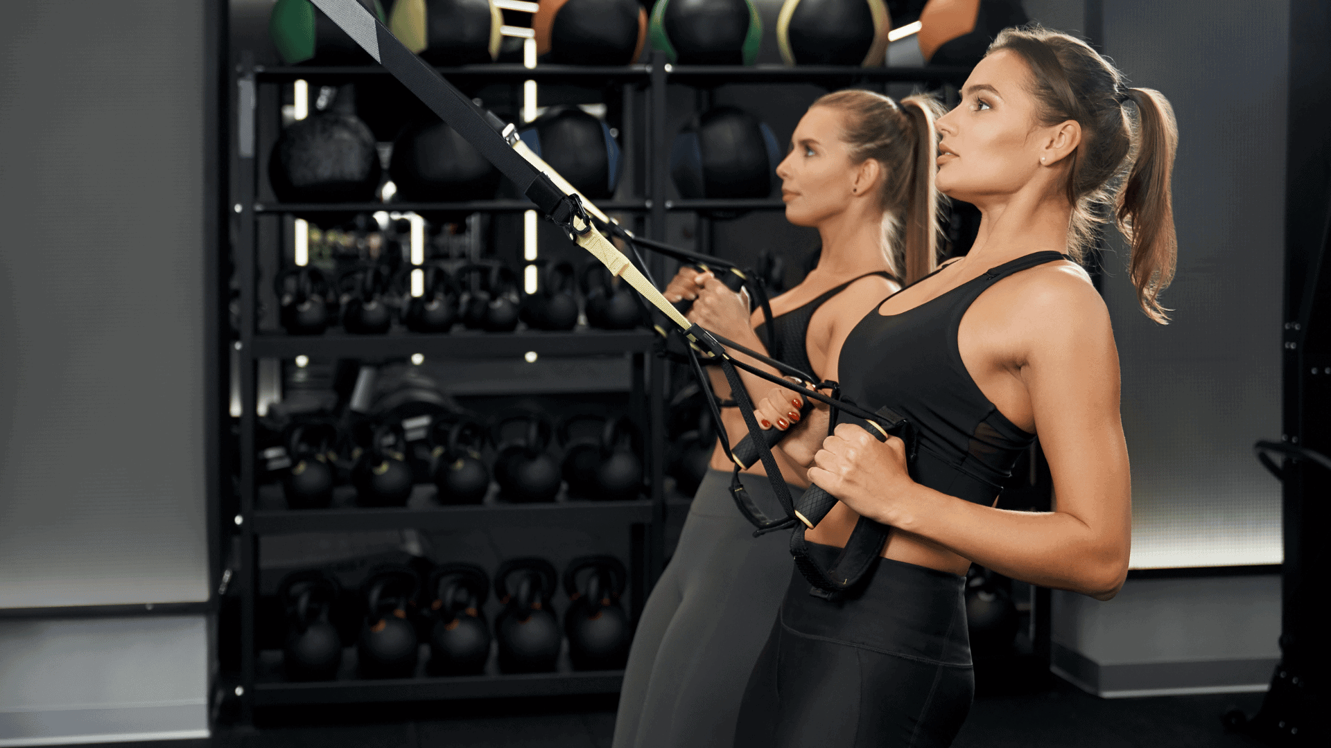 Two women performing TRX chest exercises to build upper body strength at the gym.